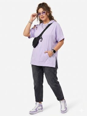Mono B $45 NWT Supima Cotton Distressed Lilac Short Sleeve Hoodie Top P2P 25-29”